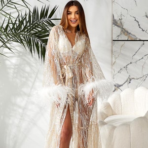 Feather boudoir robe, Shiny Robe for the Bride&#39;s Wedding Morning, Luxury Bridal Robe, Bride party robe, Valentine&#39;s day gift
