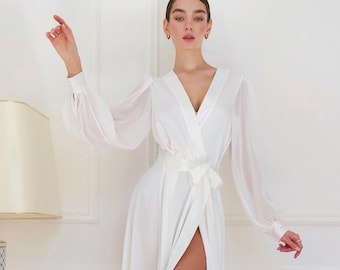 White Bridal Robe with Train, Sheer Sleeve Wedding Dressing Gown