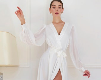 Long Bridal Robe with Train, Sheer Sleeve Wedding Dressing Gown