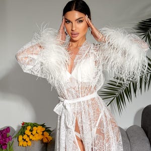 Luxury Sheer White Bridal Robe: Lace, Glitter, Ostrich Feathers