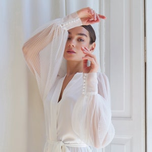 Lace Bridal Robe with Pleated Sleeves and Pearl Detail