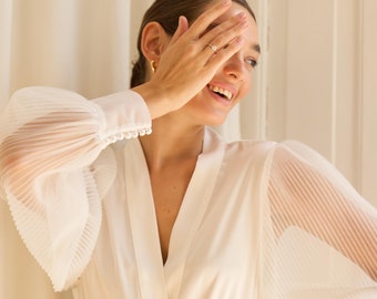 Lace Bridal Robe with Pleated Sleeves and Pearl Detail