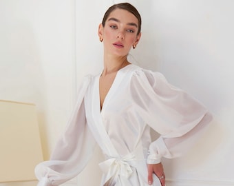 White Italian Satin Bridal Robe, Sheer Puff Sleeves, Wedding Gown Gift