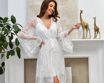 Chantilly Lace Bridal Robe: Long White Wedding Kimono