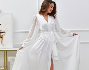 Long Bridal Robe with Train, White Silk Satin Wedding Gown