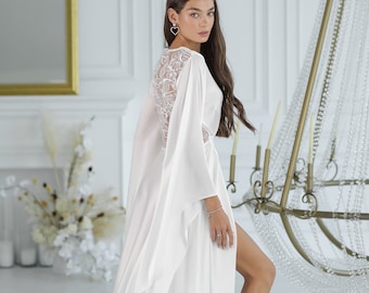 Long White Bridal Robe, Silk Wedding Kimono with Train