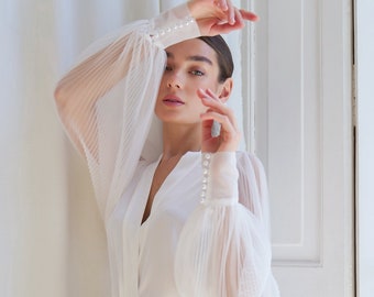 White Satin Wedding Robe: Pleated Lace Sleeves, Bridal Dressing Gown