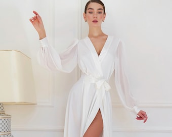 Long Bridal Robe with Train, Wide Sleeves, Satin Wedding Day Dressing Gown