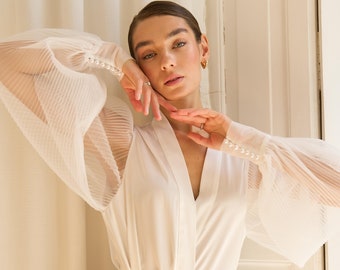 White Satin Bride Robe: Pleated Sleeves, Pearl Detail