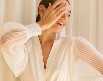 Pearl Bridal Robe with Wide Pleated Sleeves, Wedding Kimono