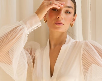 Long White Bridal Satin Robe, Pearl Detail Wedding Day Gown