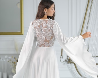 Lace Back Bridal Robe: White Satin Wedding Kimono with Train