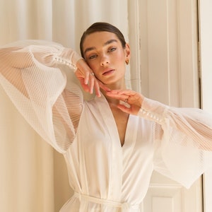 White bride robe, Bridal robe with wide sleeves, Bride robe Long white robe , Satin silk boudoir robe, Dressing gown