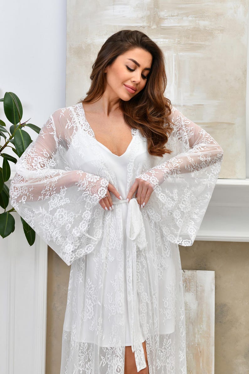Floral Lace Bridal Robe – Sheer White Wedding Gown, Bell Sleeves - Etsy