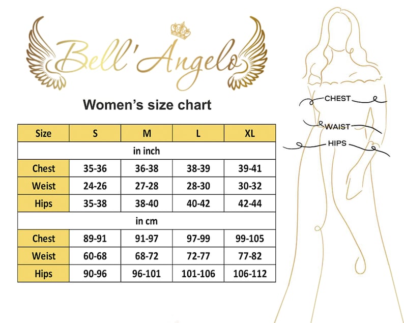 May include: A size chart for women's clothing with measurements in inches and centimeters. The chart shows chest, waist, and hip measurements for sizes S, M, L, and XL.
