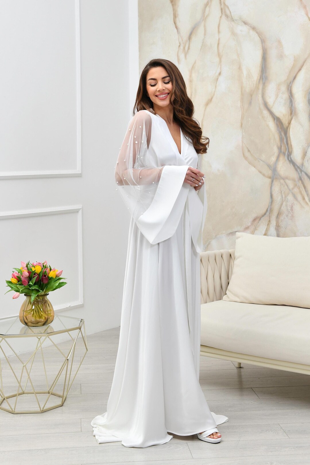 Long Bridal Robes, Bride Pearl Robe, Wedding Robe With Pearls, Feathers ...