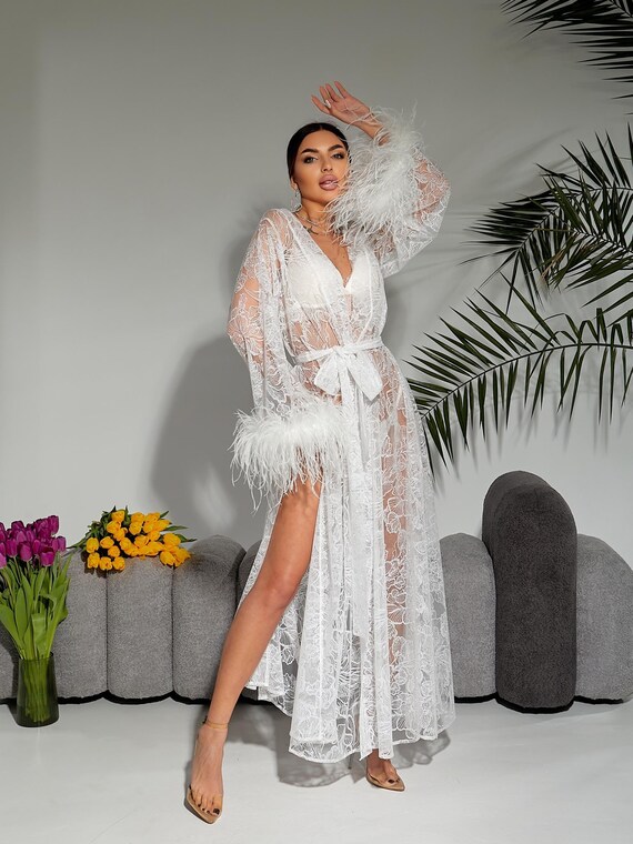 chinese dress ladies Long Sheer Bridal Robe with Lace Sleeves Ivory, Black / M main image 0