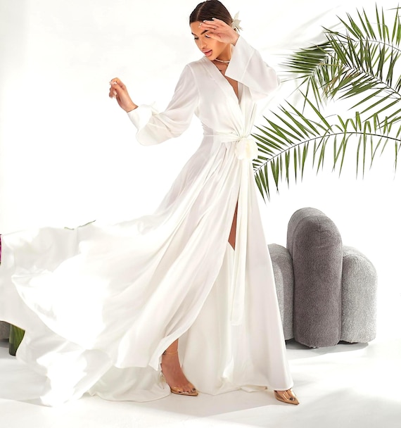 Luxury Long Silk Bride Robe With Train, White Bridal Dressing Gown