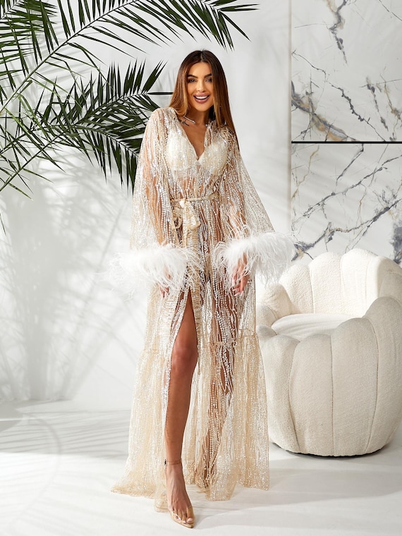 Sheer Feather Bridal Robe, Long Wedding Morning Getting Ready Gown