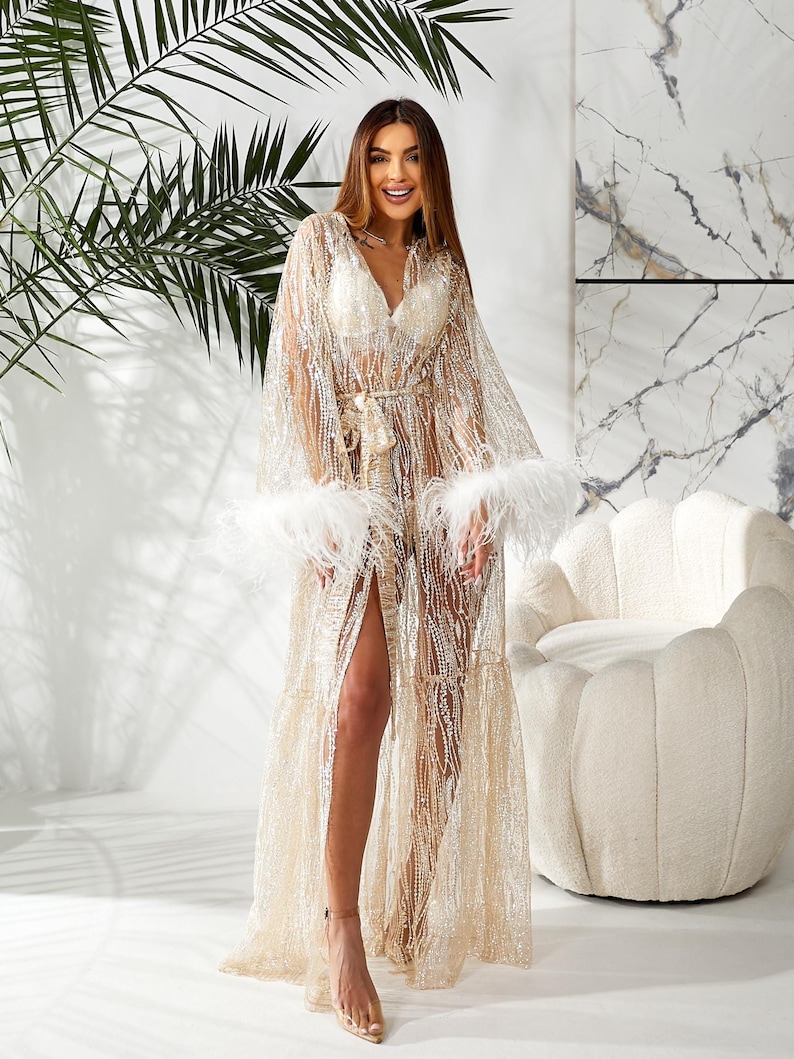 Sheer Feather Bridal Robe, Wedding Morning Boudoir