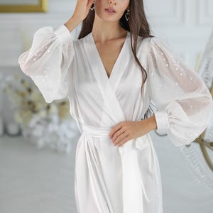 Pearl Sequin Bridal Robe: Long White Silk Satin Wedding Gown image 4