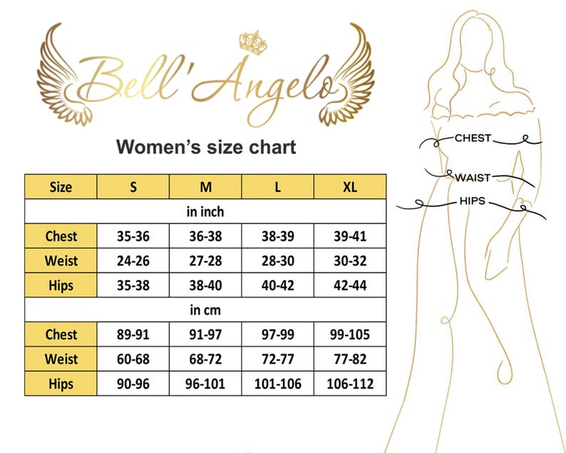 May include: A women's clothing size chart showing chest, waist, and hip measurements in inches and centimetres. Sizes range from S to XL, with corresponding measurements for each size. The chart includes the brand name "Bell' Angelo".
