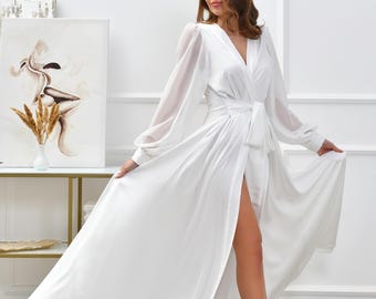 Long Wedding Robe with Train, White Bride Robe, Bridal Lingerie & Boudoir Kimono, Bridesmaid Gift USA