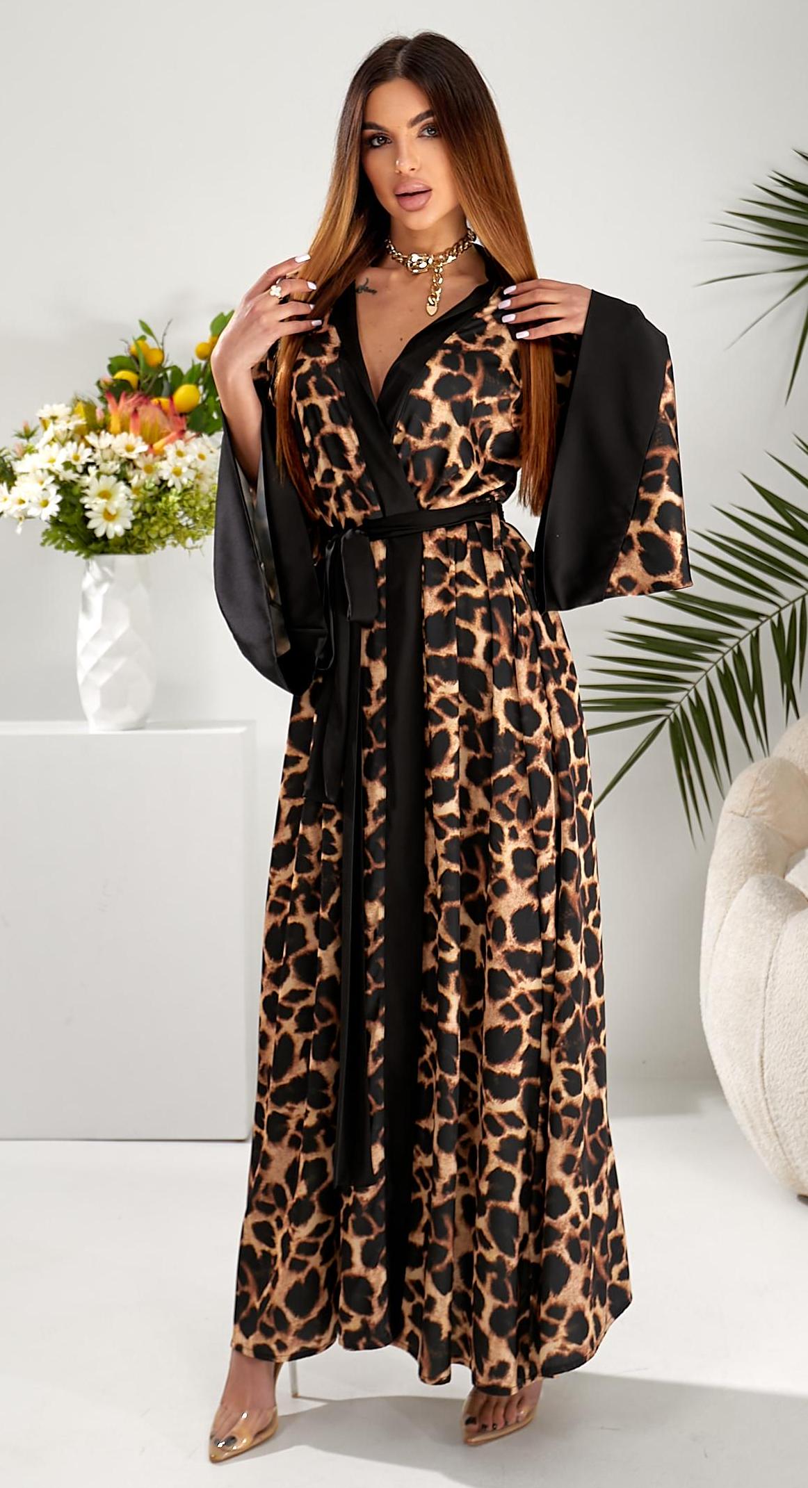 【送料&関税込】Black Kimono Bathrobe With Leopard Trim In C Leopard Kimono Robe, Long Satin Floor Length Silky Dressing