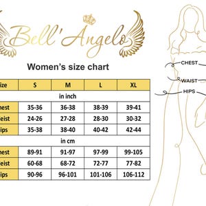May include: A women's size chart with measurements in inches and centimeters. The chart includes chest, waist, and hip measurements for sizes S, M, L, and XL. The brand name "Bell' Angelo" is displayed at the top.