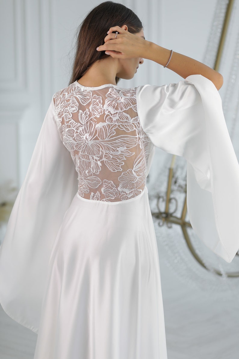 Long White Bridal Robe, Silk Wedding Kimono with Train image 8