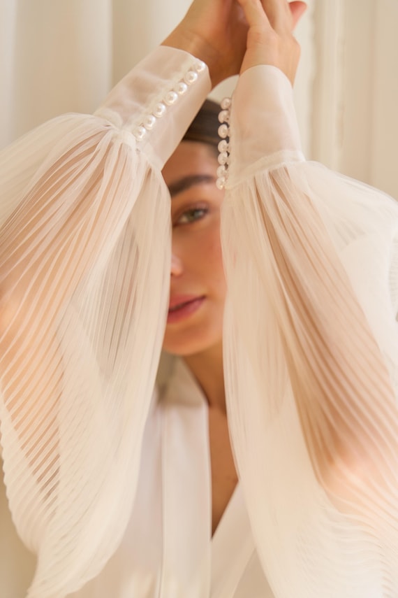 Pleated Sleeve Bridal Robe, Long White Satin Wedding Robe