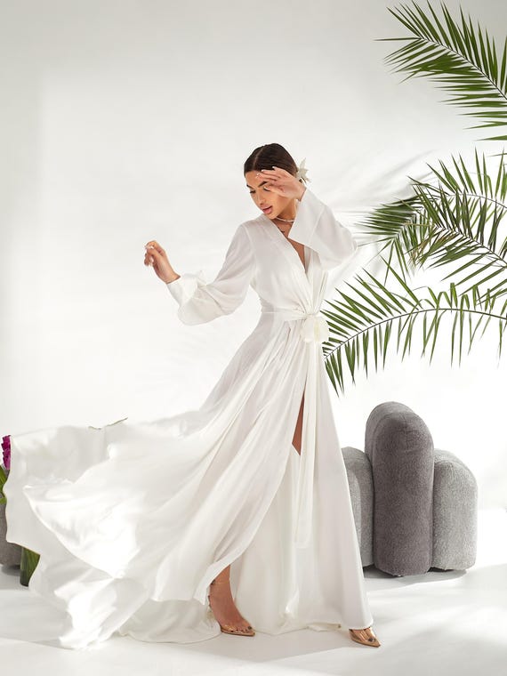 white silk kimono dress White Silk Bridal Robe with Train, Bridesmaid Kimono Long