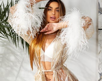 Glitter Feather Bridal Robe, Shiny Wedding Lingerie, Boudoir Photoshoot