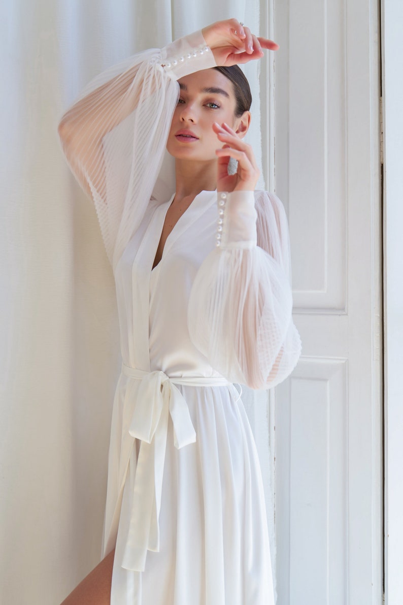 Lace Bridal Robe with Pleated Sleeves and Pearl Detail