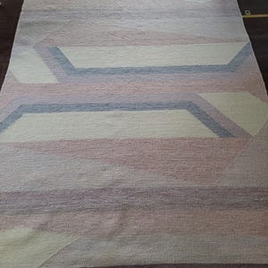 Vintage Swedish Röllakan Rug: Handwoven Wool Kilim, Soft Pastel Geometric Design