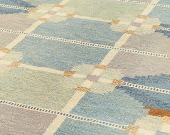 Alfombra escandinava de lana azul: Kilim geométrico anudado a mano, 2,4 x 3 m