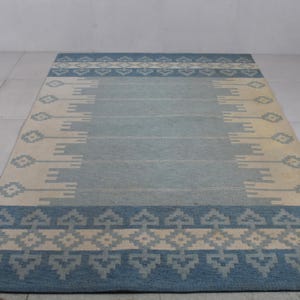 Handwoven Blue Kilim Rug: Geometric Wool Scandinavian Decor