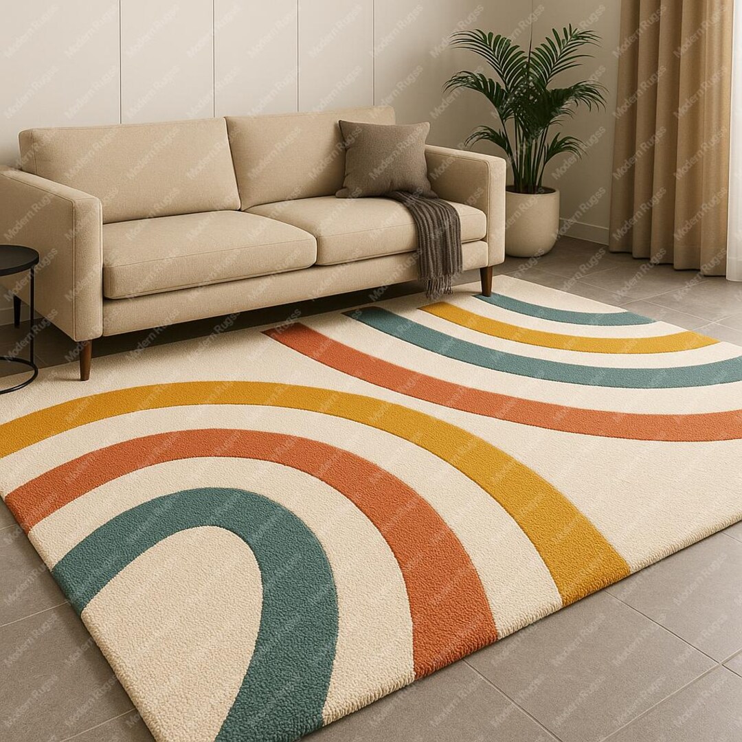 Arc Rug Retro Colorful Arc Rug | Tufted Modern Area Carpet in Mustard, Orange ...