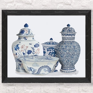 Porcelana azul y blanca, porcelana roja y blanca, maceta de jengibre, jarrón de estilo chino, cartel de decoración del hogar de arte oriental