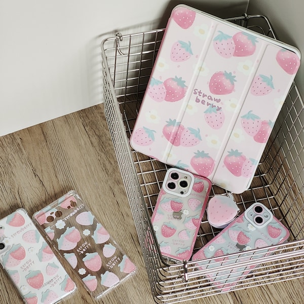 Pink Watercolor Strawberry Phone Case 15/14/13/12/11, Samsung Galaxy 24/23/22/21,Samsung Case,Google Pixel, Airpods Pro Case, iPad Case pro