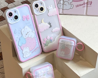 Étui exclusif Strawberry Bunny Cloud Unique Kawaii Aesthetic Designer Phone Case iPhone Cases,iPhone 14,13,12,11 mini,Airpods Pro Case