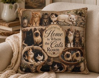 Spun Polyester Vintage-Style Cat Pillowcase, Home Is Where the Cats Roam Cover