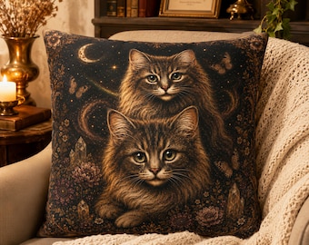 Vintage Fantasy Style Cat Pillowcase, Celestial Kitten Pillow Cover