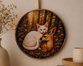 Vintage Style Cat & Fawn Wood Sign | Round Forest Wall Decor
