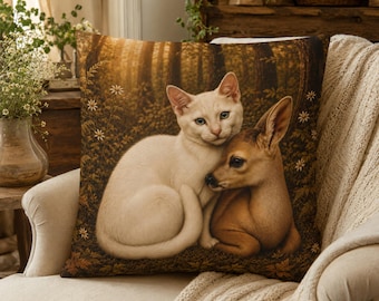 Kitten and Fawn Woodland Friends Pillowcase | Forest Animal Throw Pillow