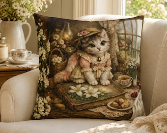 Spun Polyester Victorian Kitten Pillowcase | Square Floral Cat Pillow Cover