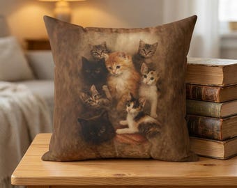 Vintage-Style Kitten Collage Throw Pillow,  Cat Cushion With Insert