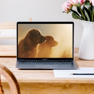 Golden Retriever Desktop Wallpaper, Dog Background for PC and iPad, Warm Sunset Pet Image, Cozy Digital Download for Dog Lovers Home Screen