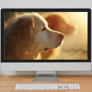 Könnte beinhalten: Ein Computermonitor zeigt eine Nahaufnahme des Gesichts eines Golden Retrievers im Profil, gebadet in warmem Sonnenlicht. Das Fell des Hundes ist hellbraun. Unter dem Monitor befindet sich eine Tastatur auf einem Holzschreibtisch.
