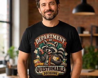 Funny Raccoon T-Shirt - Department of Questionable Decisions Retro Tee, Sarcastic Animal and Coworker Gift